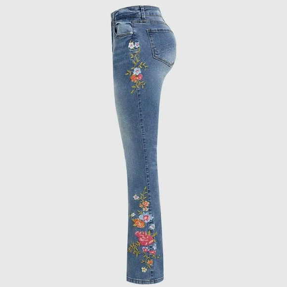 Flamingals Floral Embroidery Mid Waist High Stretch Bootcut Jeans with Pockets - Picture 2 of 7